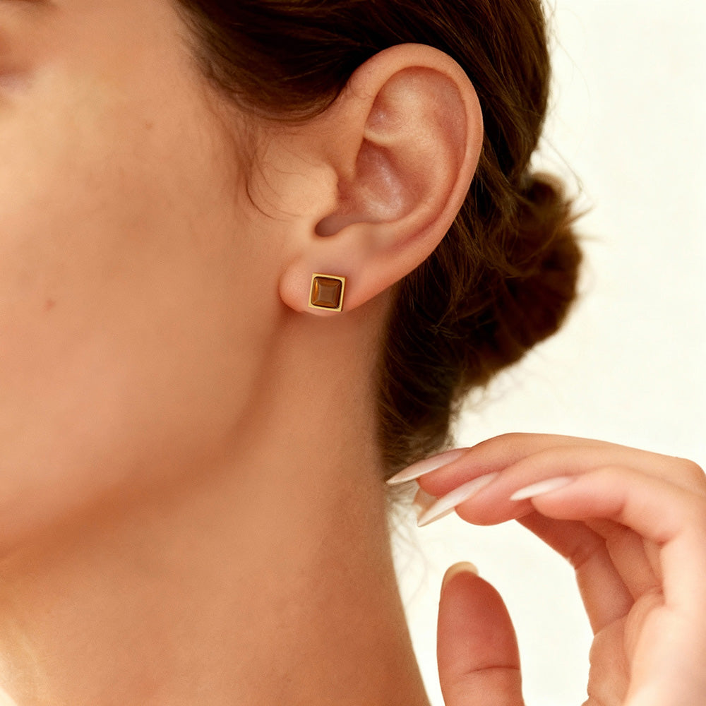 Brown Square Cat Eye Stud Earrings on Model | Everyday Stainless Steel Studs