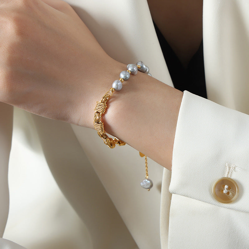 Classical Freshwater Pearl Handmade Beaded Natural Stone Black Agate Bracelet
