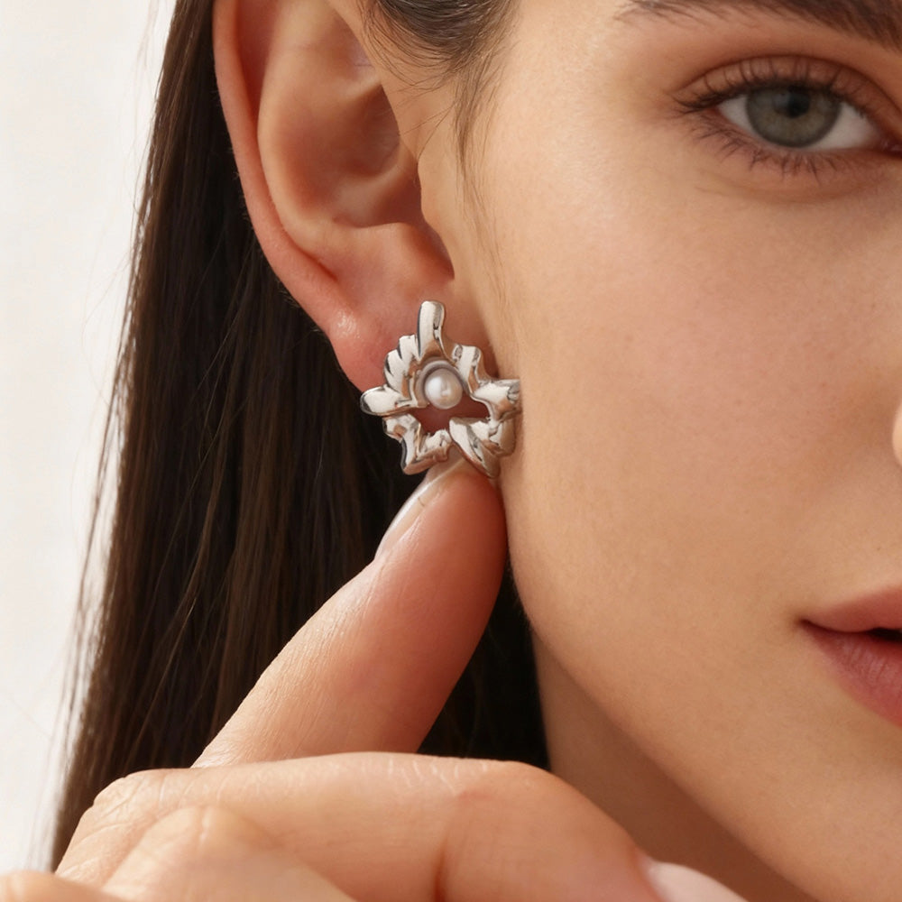 Minimal Gold Flower Stud Earrings on Model
