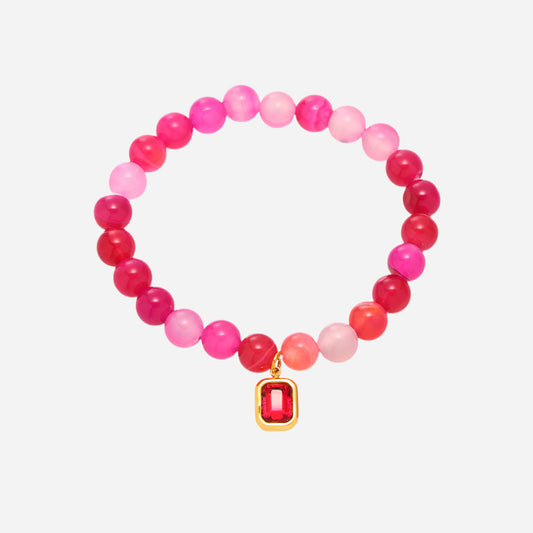  Pink natural agate beaded bracelet in 18cm on white background