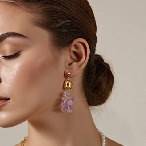 Natural Amethyst Tassel Stainless Steel Earrings