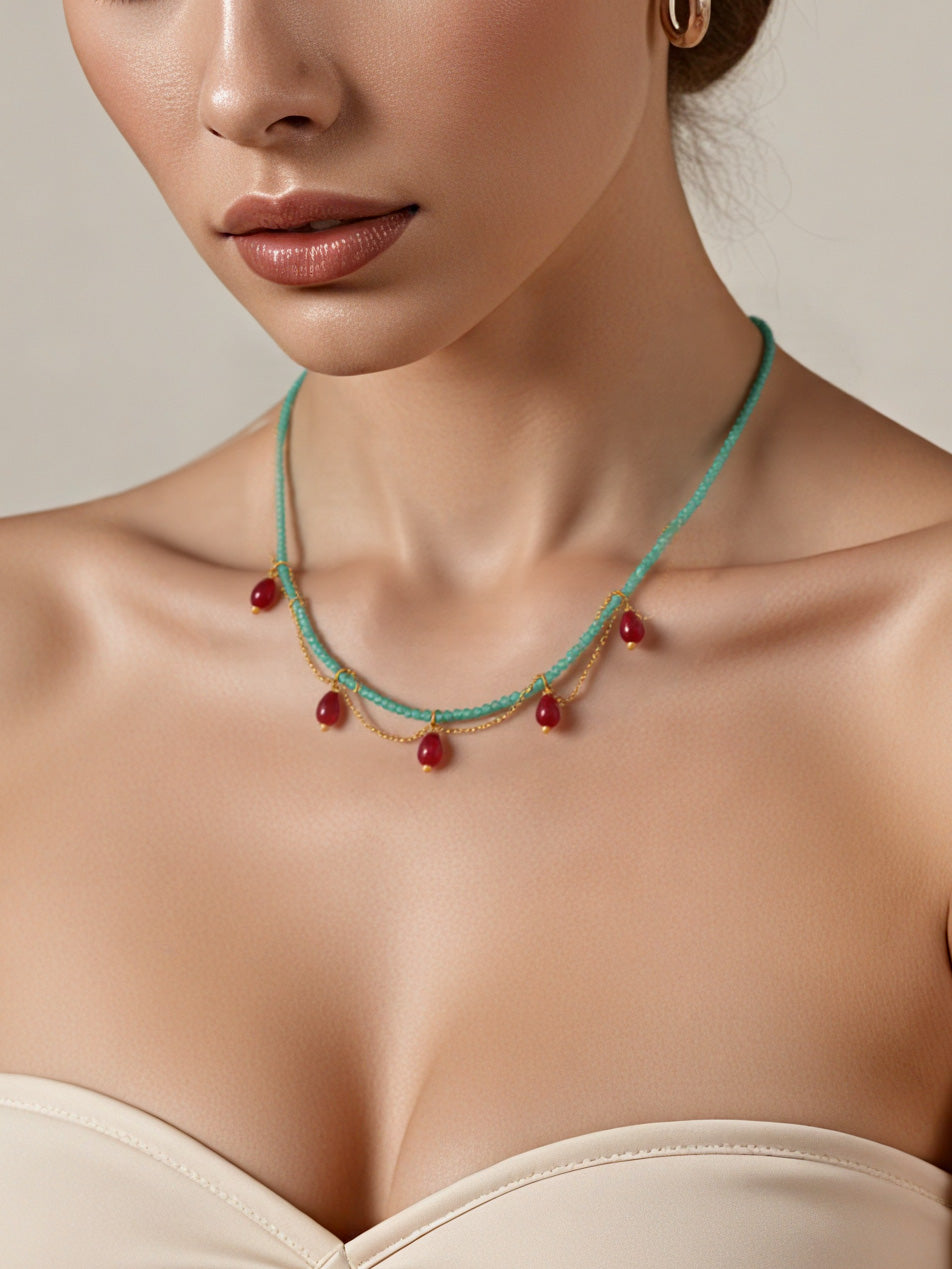 Natural Stone Hand-Beaded Teardrop Cat's Eye Necklace