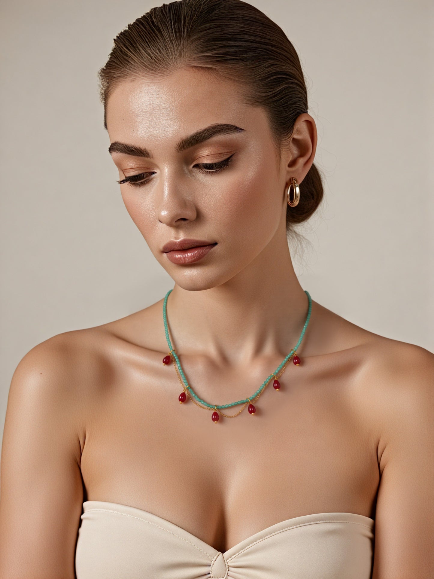 Natural Stone Hand-Beaded Teardrop Cat's Eye Necklace