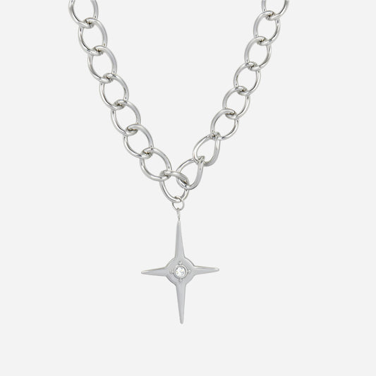 Silver necklace with a star-shaped pendant on a white background