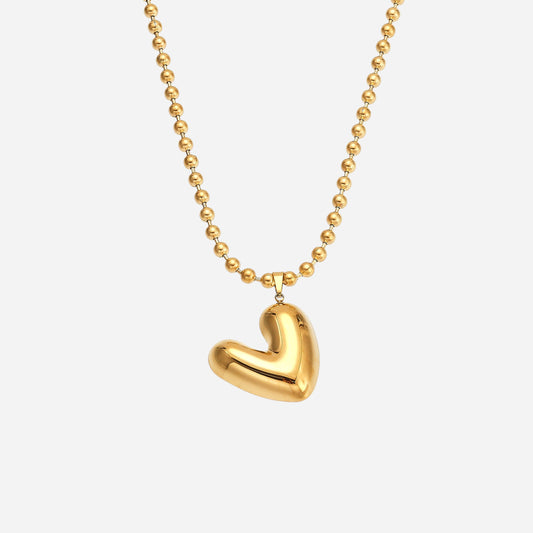 Stainless Steel Heart Pendant Round Bead Necklace