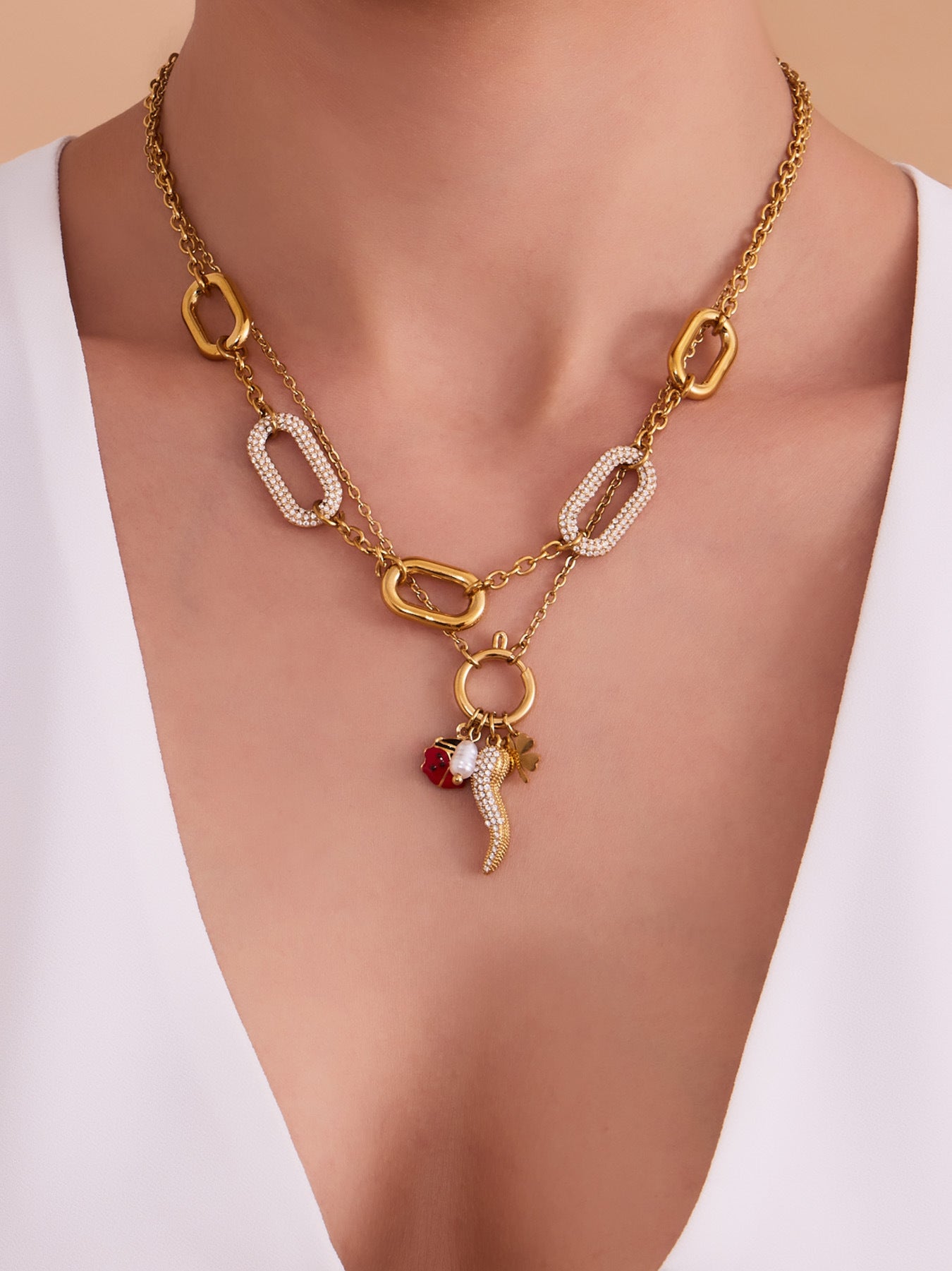 Stainless Steel Plated 18K Gold Rectangular Zircon Clavicle Necklace