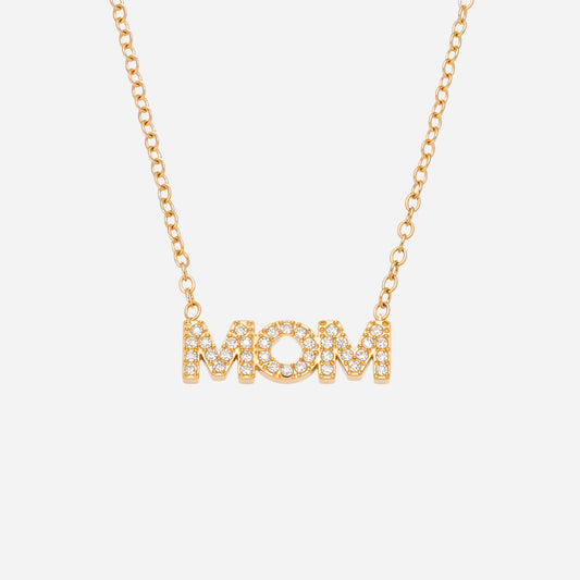 Gold necklace with 'MOM' pendant on a white background