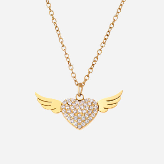 Full Diamond Zeart Zircon Wing Double Clavicle Necklace Stainless Steel