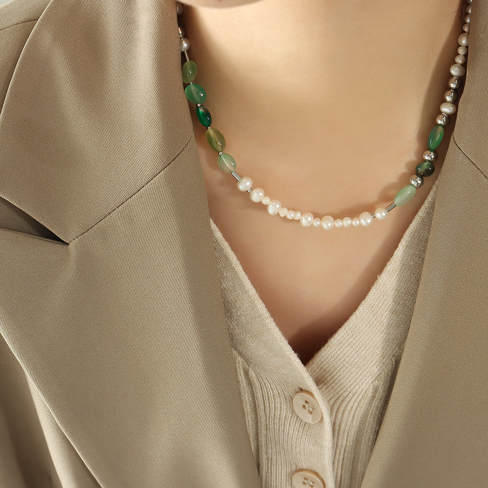 Woman wearing waterproof pearl necklace with natural stones2