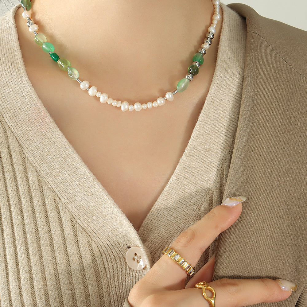 Woman wearing waterproof pearl necklace with natural stones1