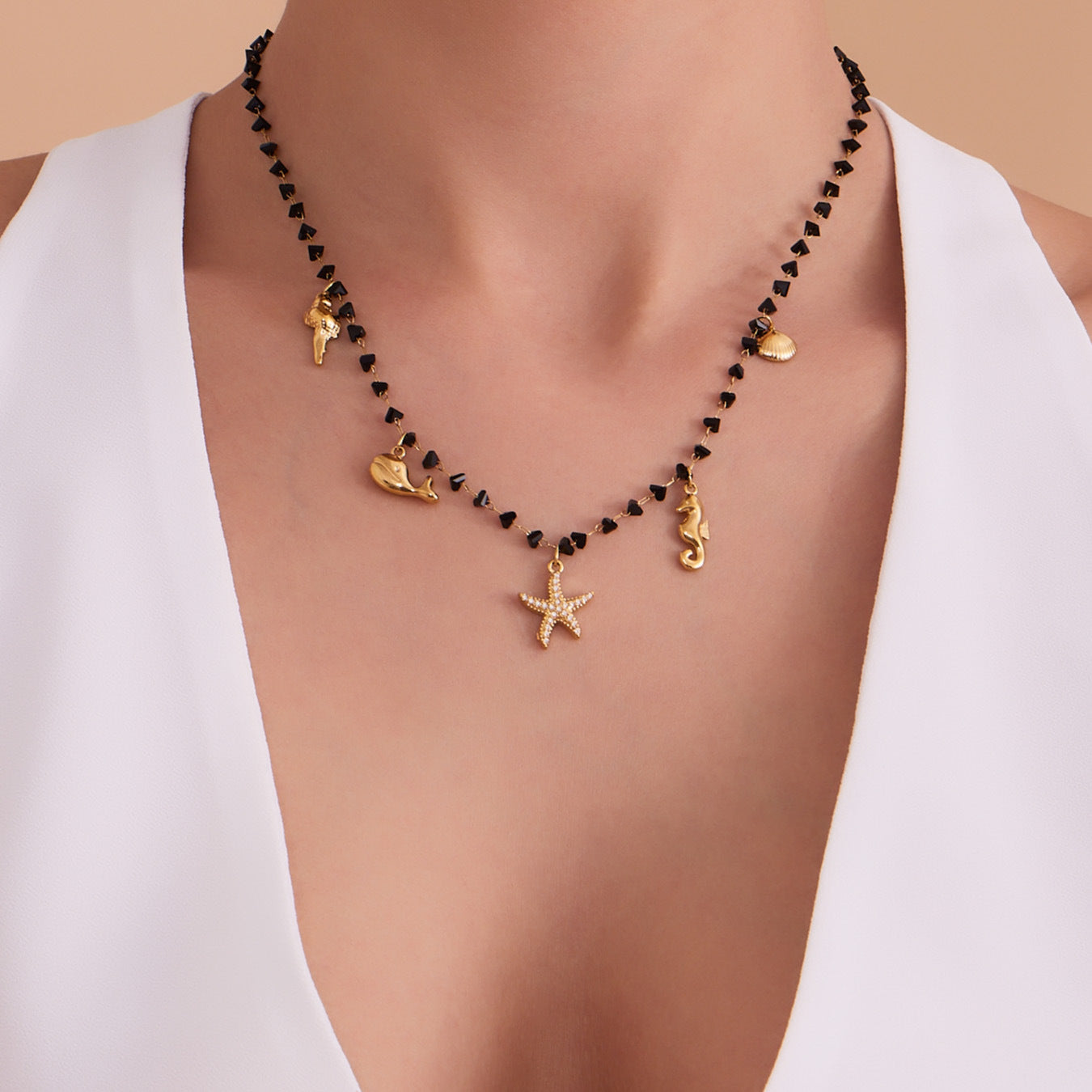 Natural Black Crystal Beaded Chain Starfish Zircon diy Multi-pendant Clavicle Chain Necklace