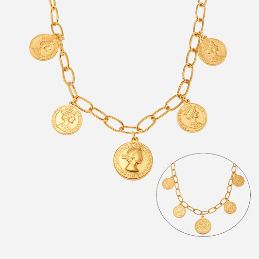 Queen's Portrait Double-sided multi-circle Pendant Necklace Stainless Steel