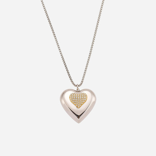Two-tone Hollow Heart Inlaid Zirconium Stacking Clavicle Necklace