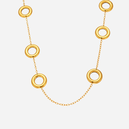 Stainless Steel Hollow Ring Long Two-tone Sweater Chain Necklace