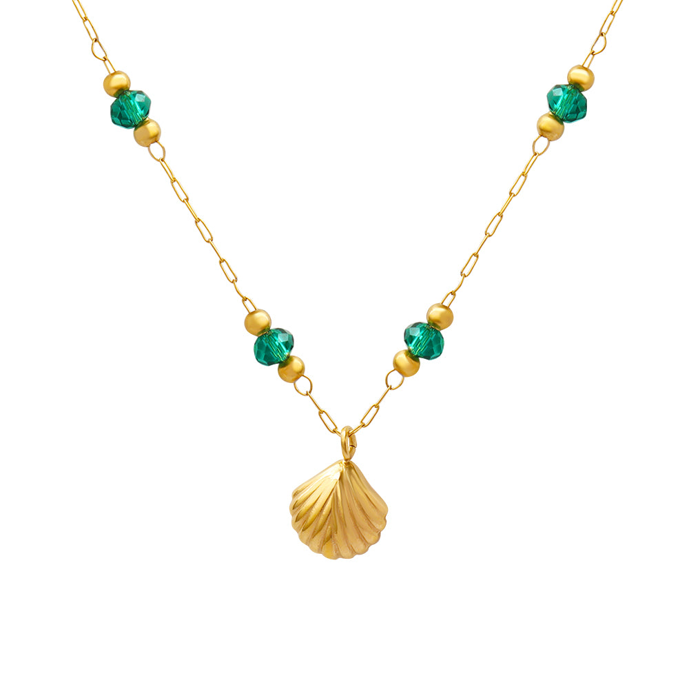 Delicate Crystal Bead Scallop Pendant Necklace Stainless Steel