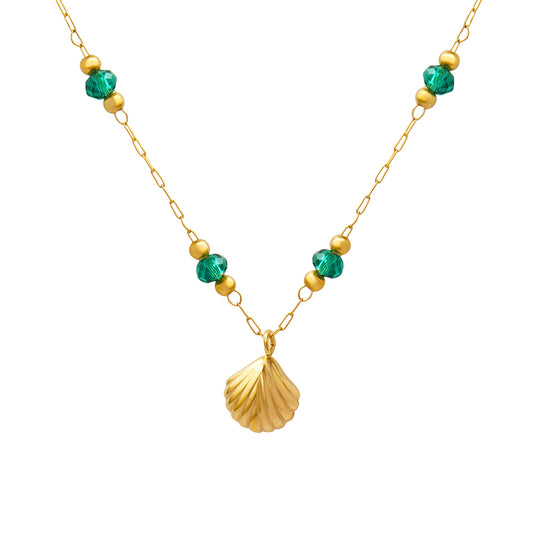 Delicate Crystal Bead Scallop Pendant Necklace Stainless Steel