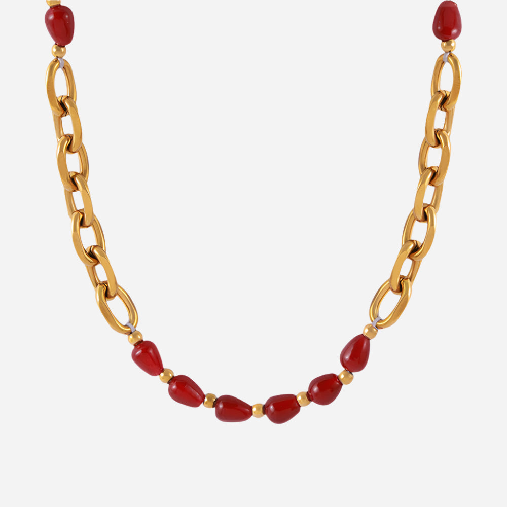 Red Agate Garnet Beaded Necklace Stainless Steel
