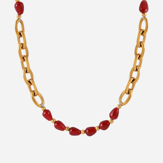 Red Agate Garnet Beaded Necklace Stainless Steel