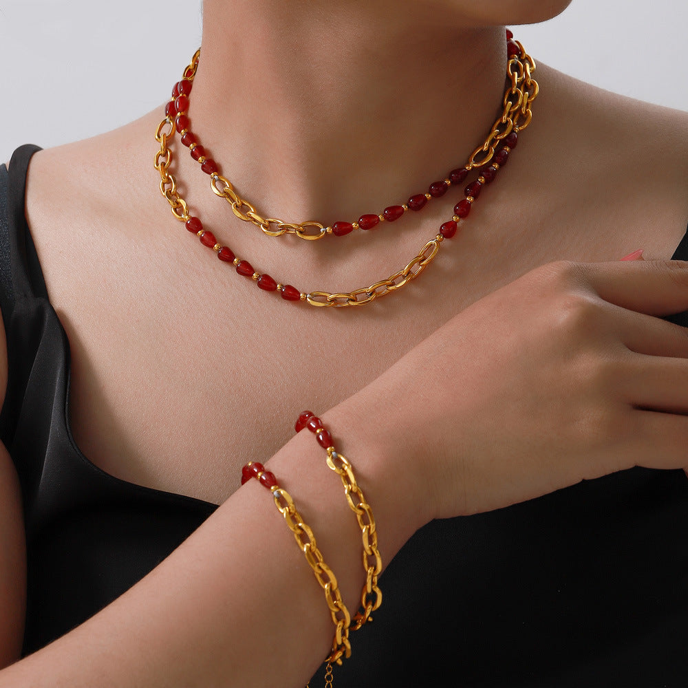 Red Agate Garnet Beaded Necklace Stainless Steel