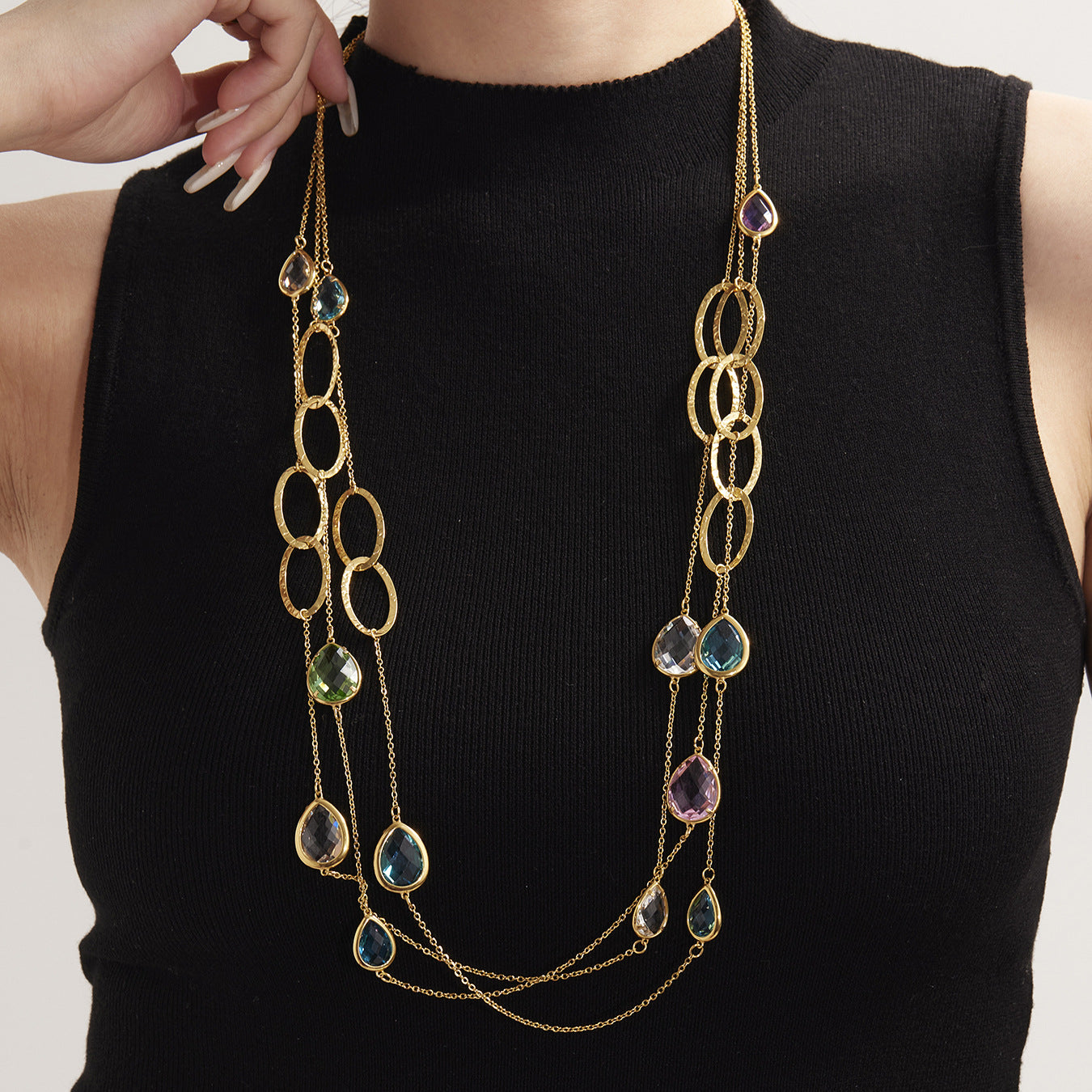 Transparent Faceted Glass Stone Splicing Hollow Ring Sweater Chain Necklace