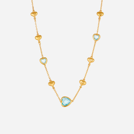 Faceted Glass Stone Hollow Heart Clavicle Chain Stainless Steel