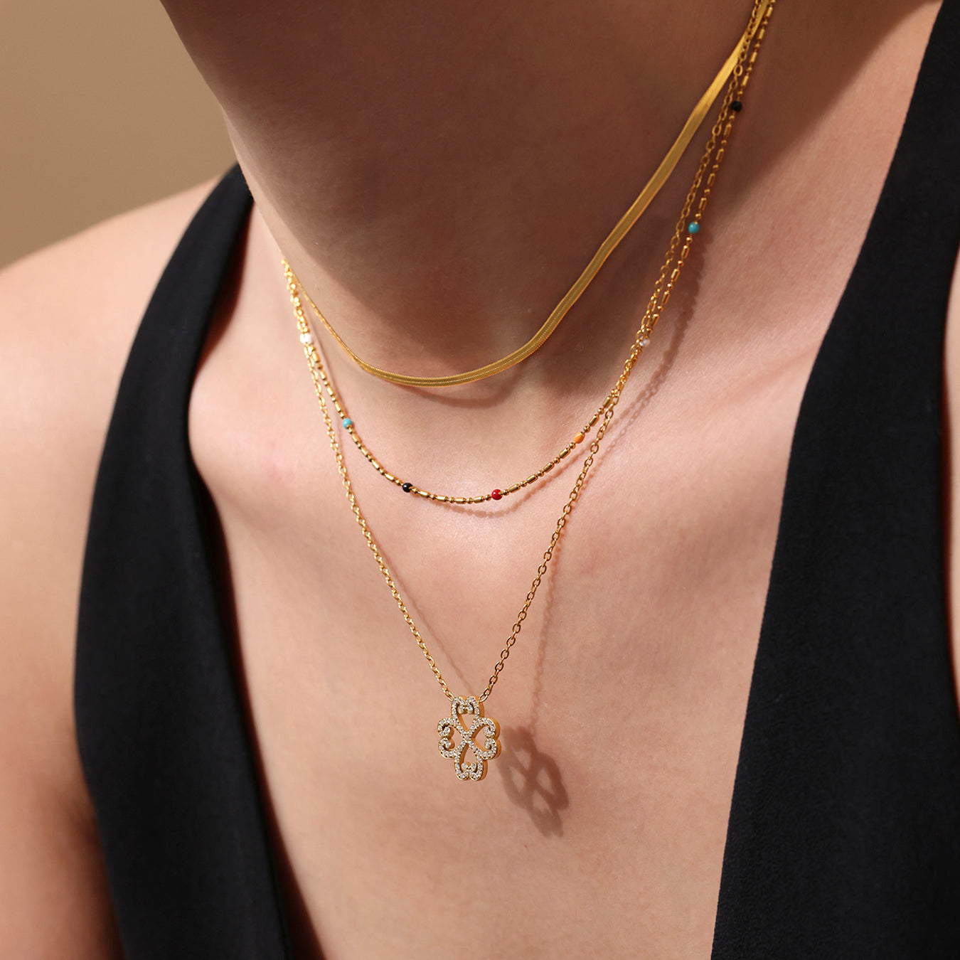 Heart & Four Leaf Clover Charm Necklace | Lucky Stainless Steel