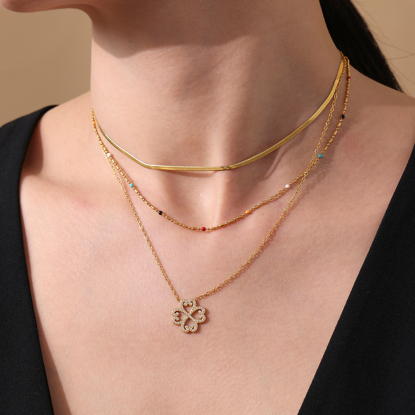 Heart & Four Leaf Clover Charm Necklace | Lucky Stainless Steel