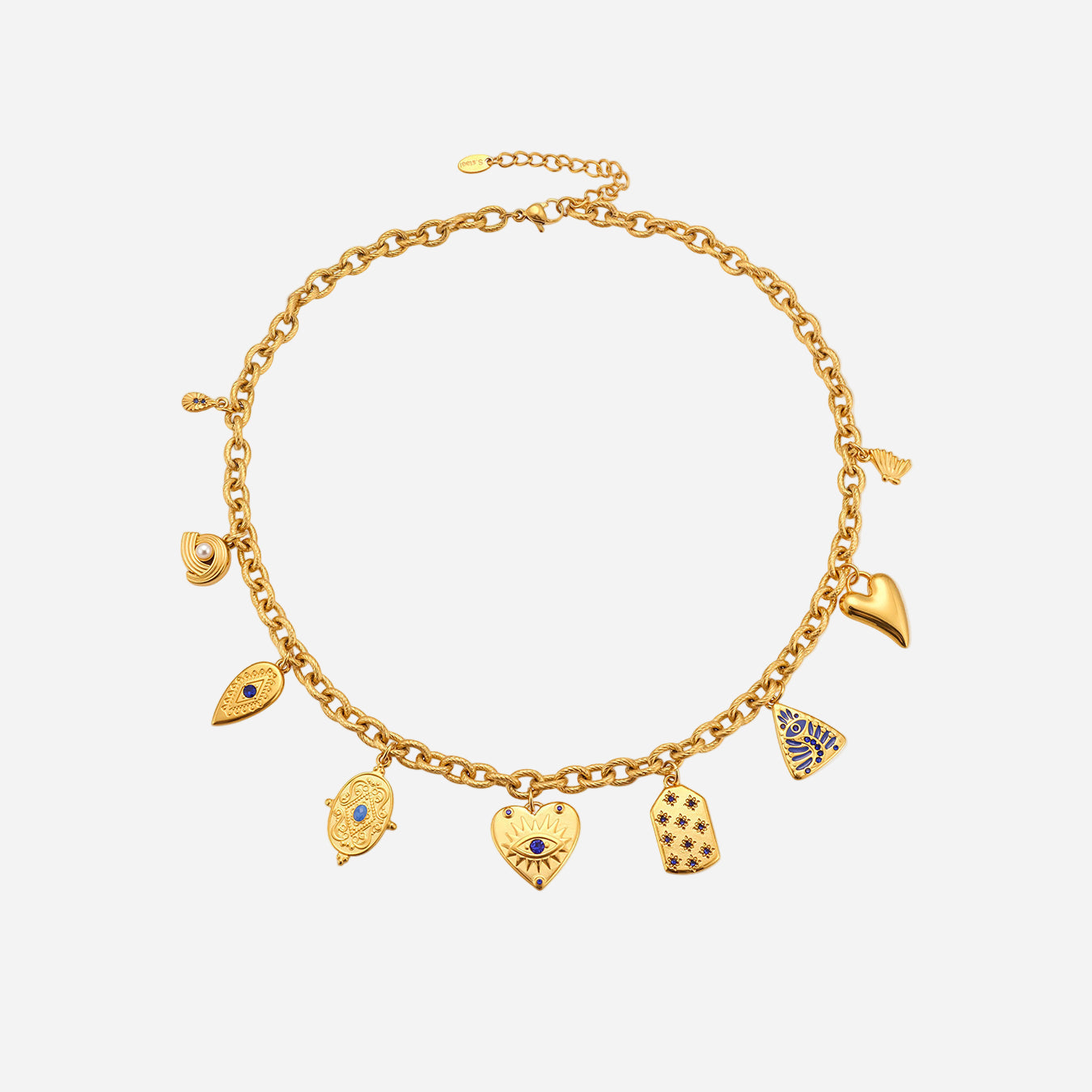 Gold blue zircon DIY charm necklace displayed on a clean white background, featuring a 42+5 cm waterproof stainless steel chain with geometric pendants and a central blue zircon charm.