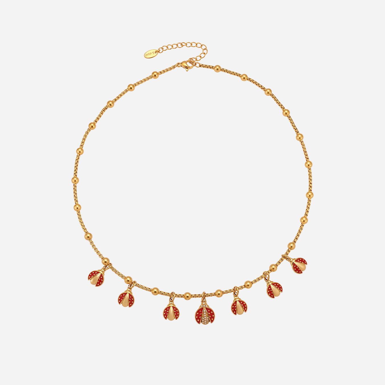 Stainless Steel Clip Bead Necklace With Red Oil Bripping Beetle And Zirconium