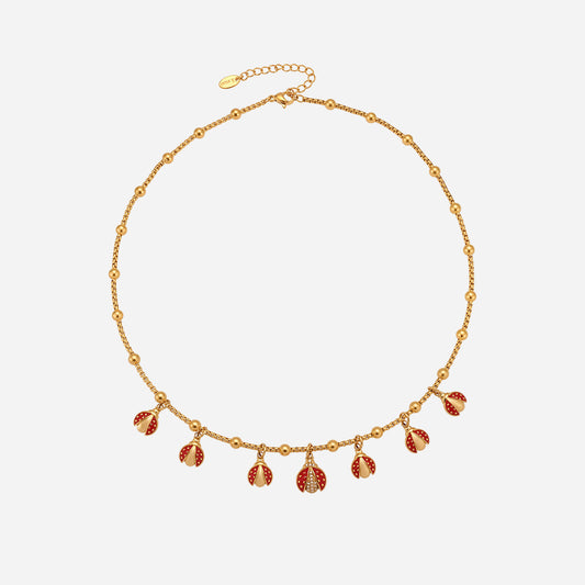 Stainless Steel Clip Bead Necklace With Red Oil Bripping Beetle And Zirconium