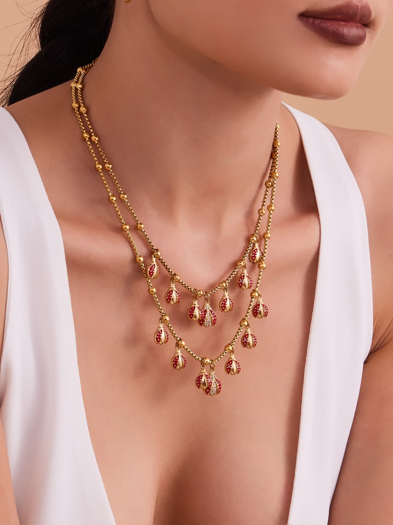 Stainless Steel Clip Bead Necklace With Red Oil Bripping Beetle And Zirconium