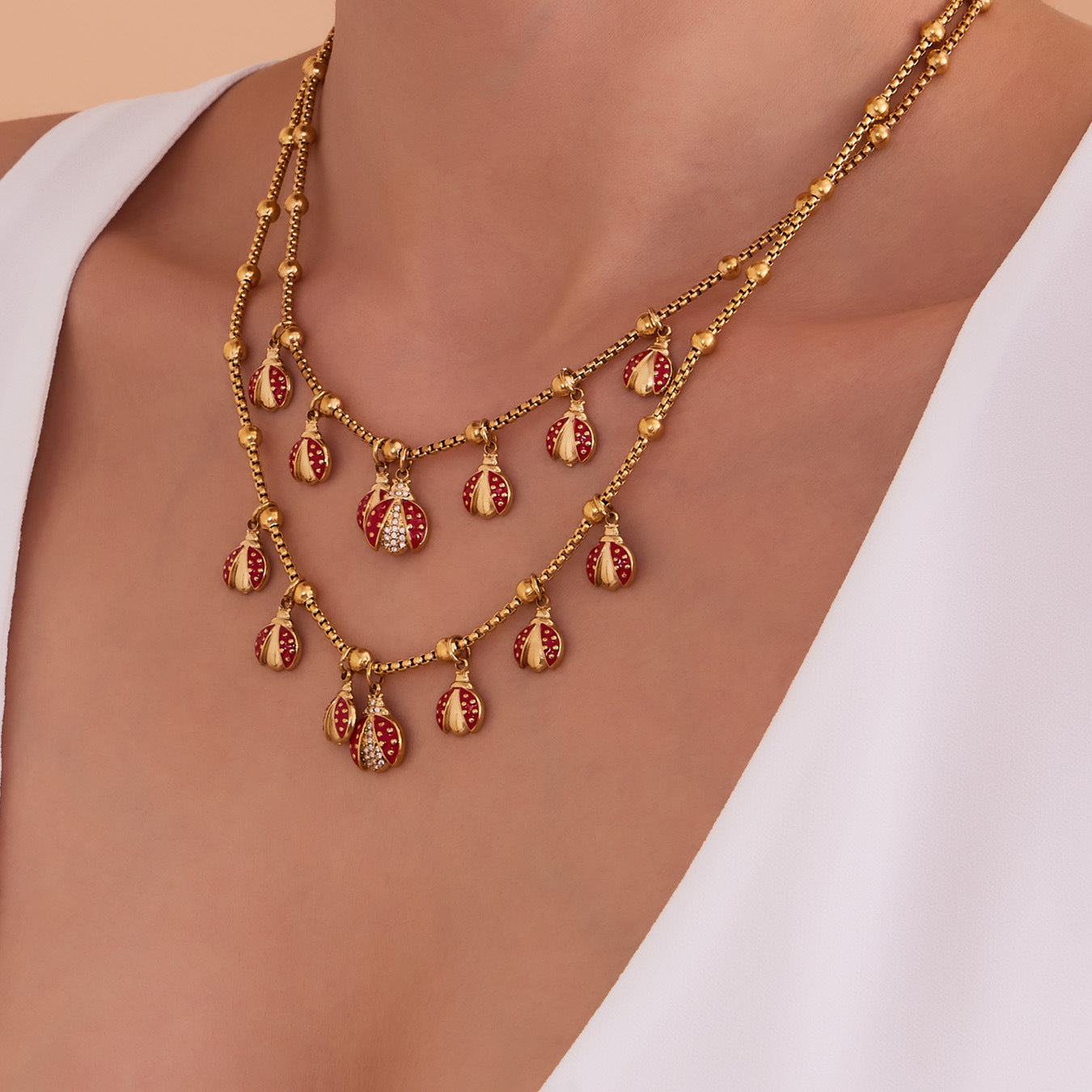 Stainless Steel Clip Bead Necklace With Red Oil Bripping Beetle And Zirconium