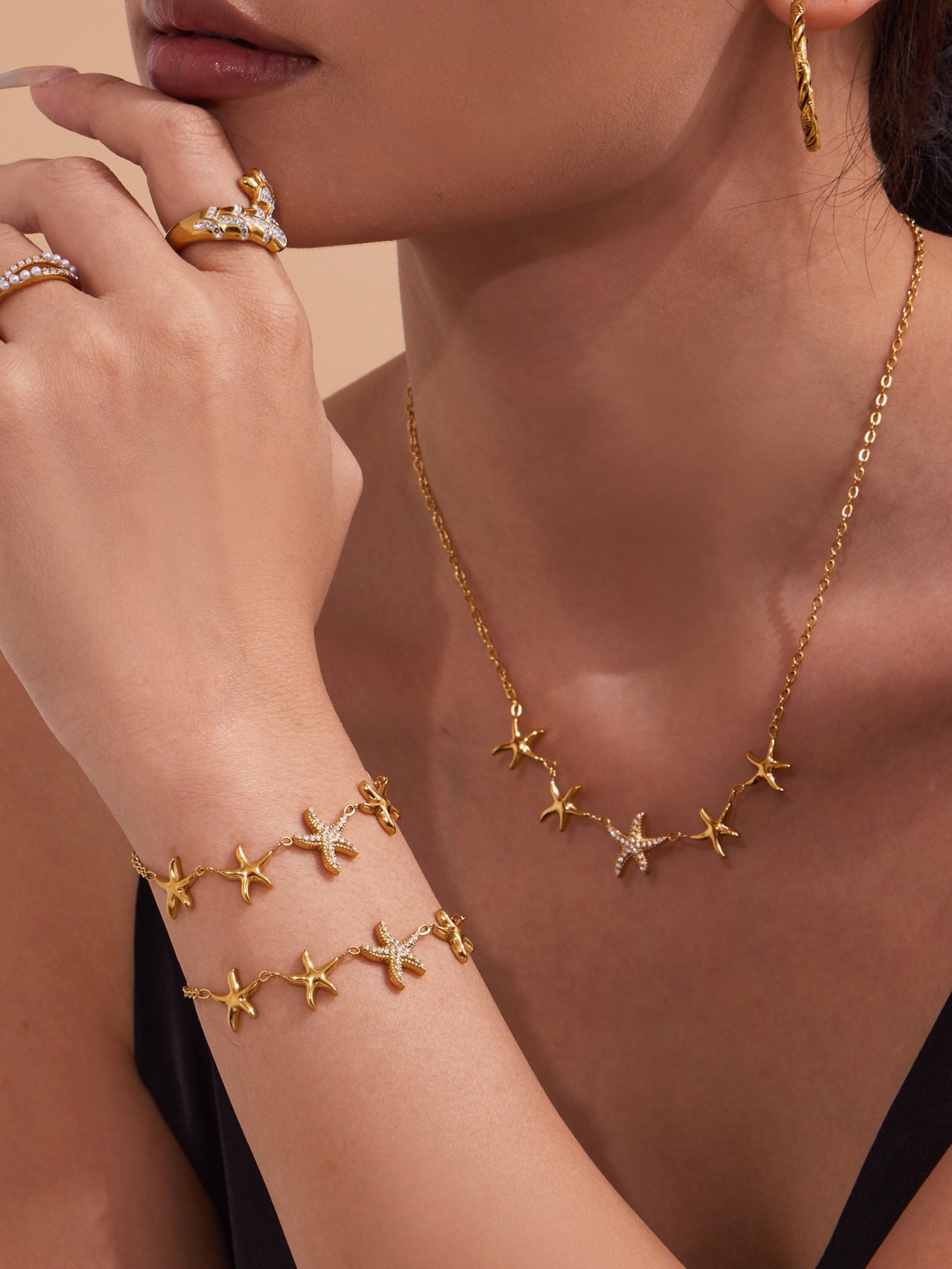 18k Real Gold Plated Starfish Zirconia Jewelry Necklace