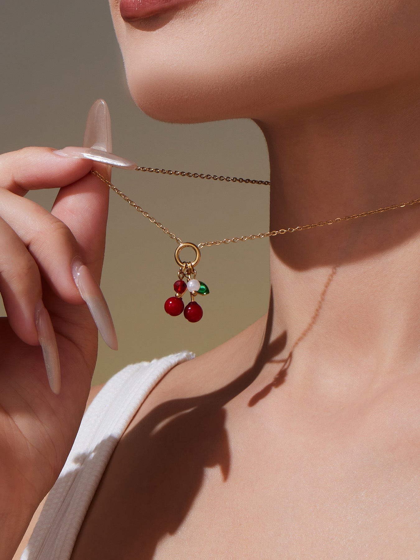 Stainless Steel Oil-dripped Red Cherry Necklace Inlaid With Zircon