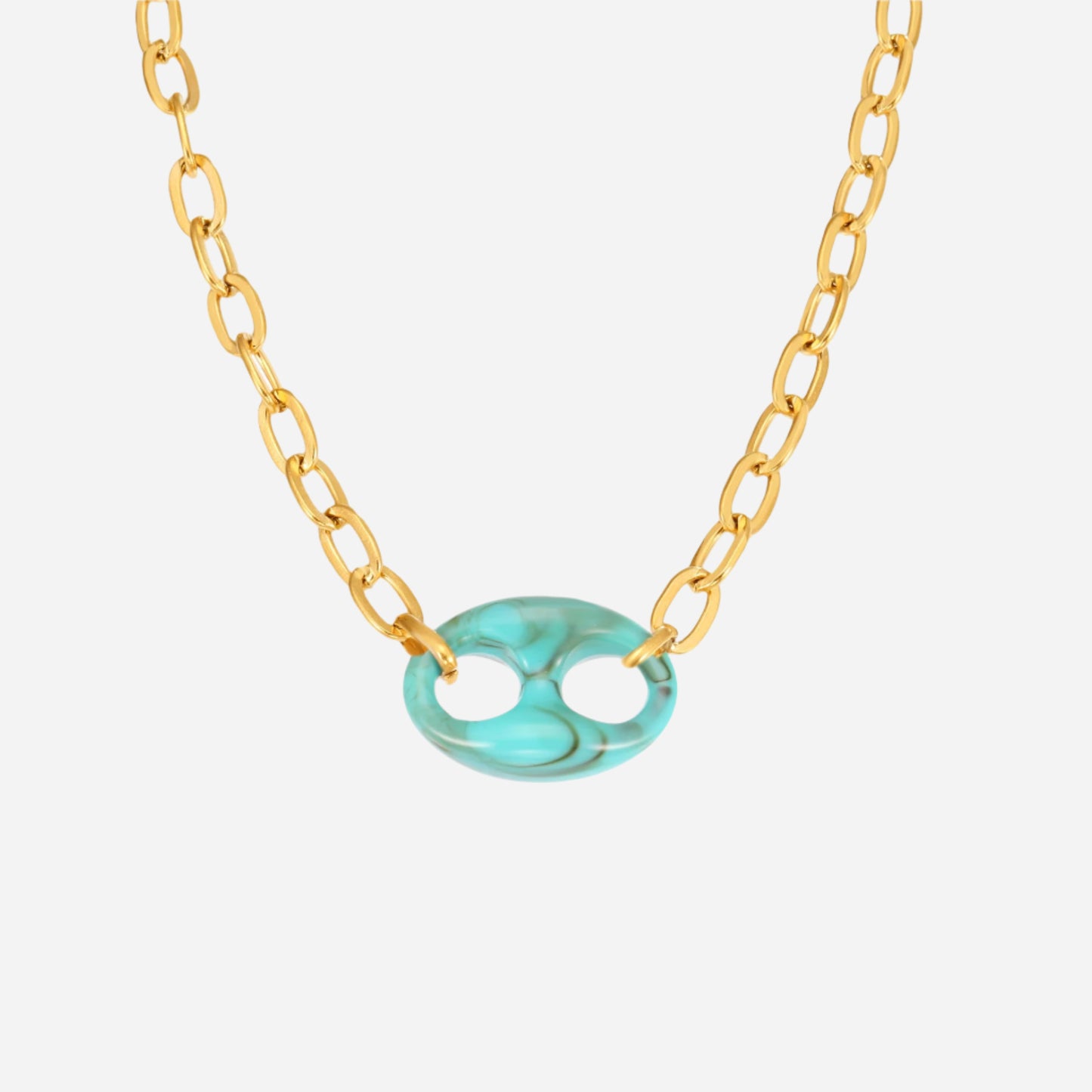 Colorful resin link necklace with pig nose chain on white background