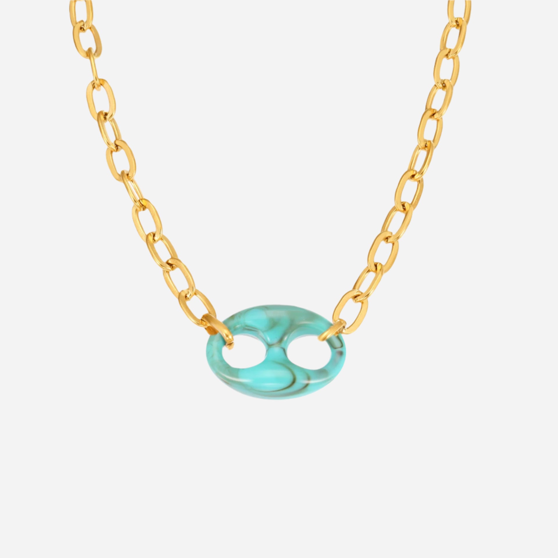 Colorful resin link necklace with pig nose chain on white background