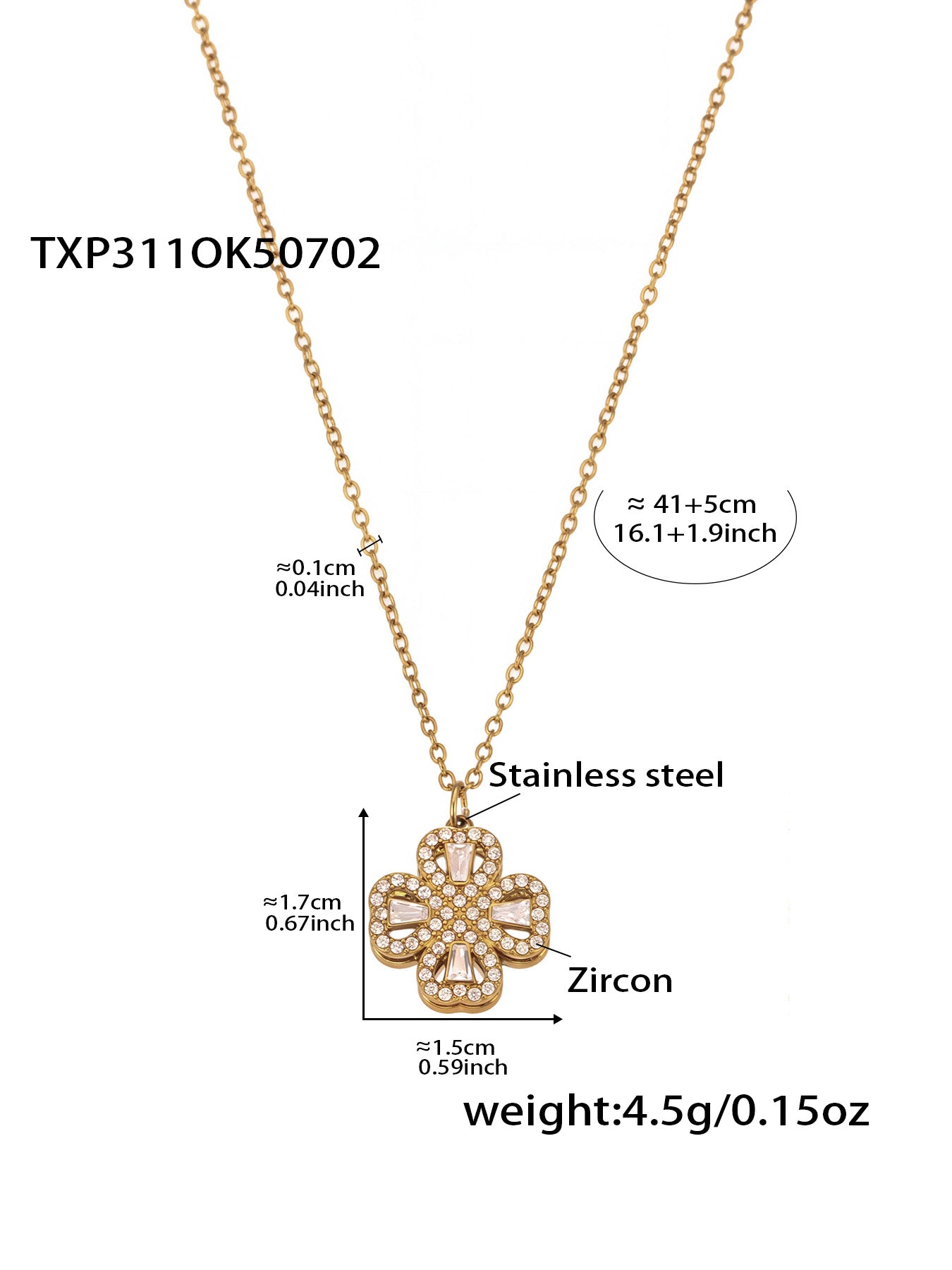 Size and length details of rotating flower gold cubic zirconia necklace (41+5cm)