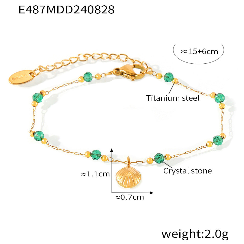 Delicate Crystal Bead Scallop Pendant Necklace Stainless Steel