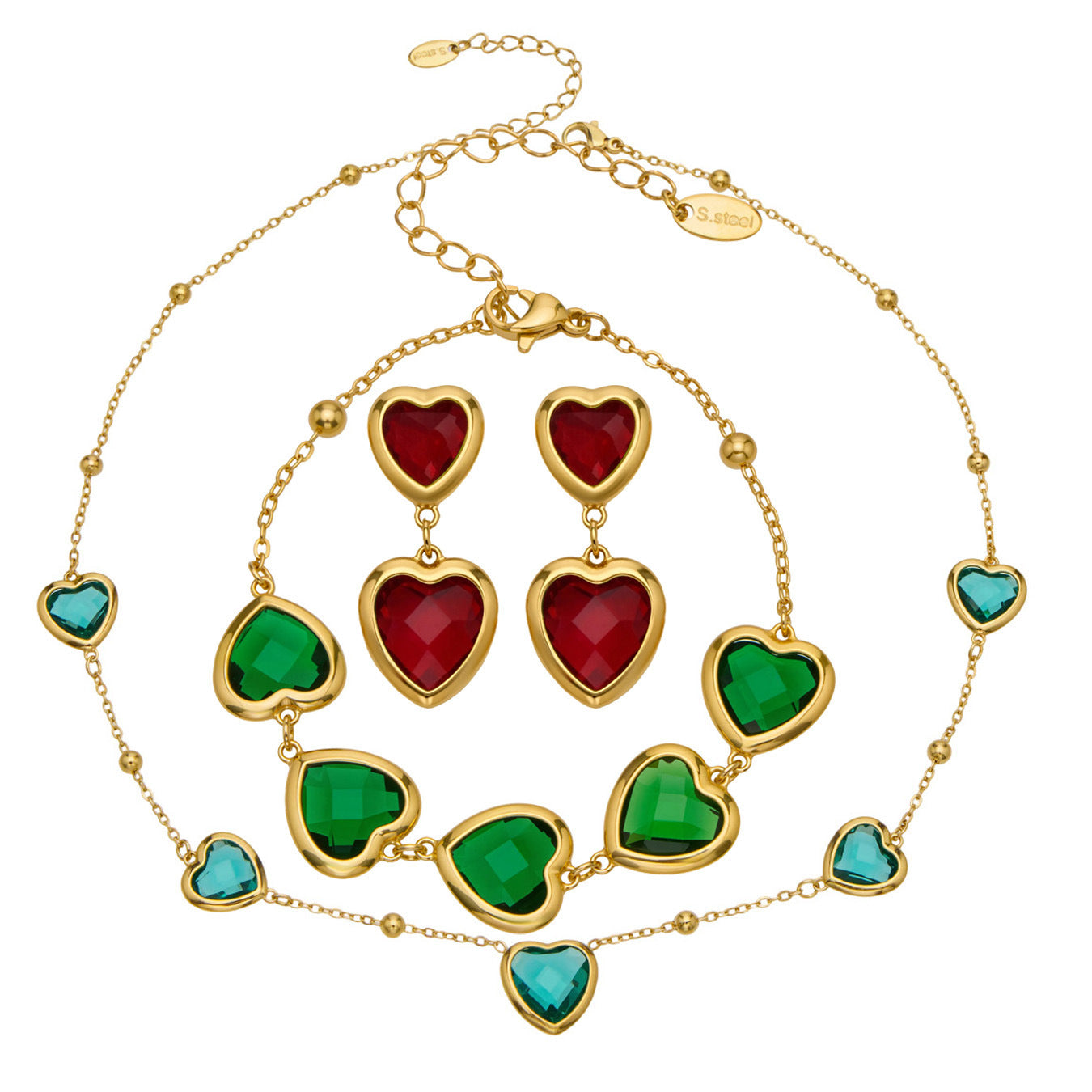 Sea Glass 5 Hearts Stainless Steel Bracelet