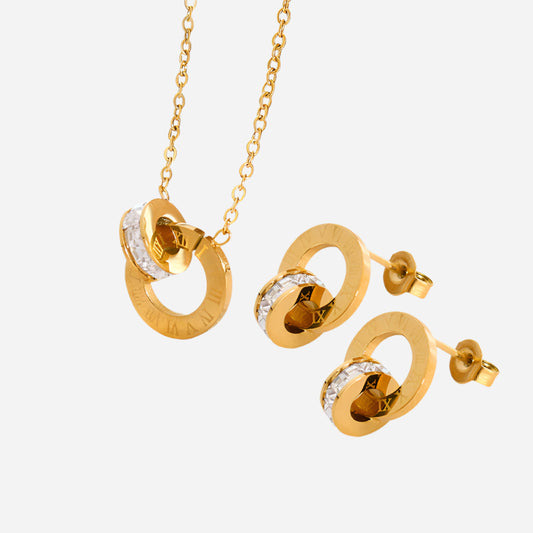 Diamond Double Round Earrings Necklace Jewelry Set