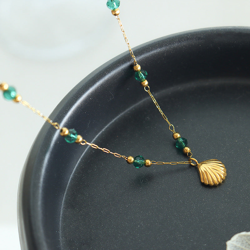 Delicate Crystal Bead Scallop Pendant Necklace Stainless Steel