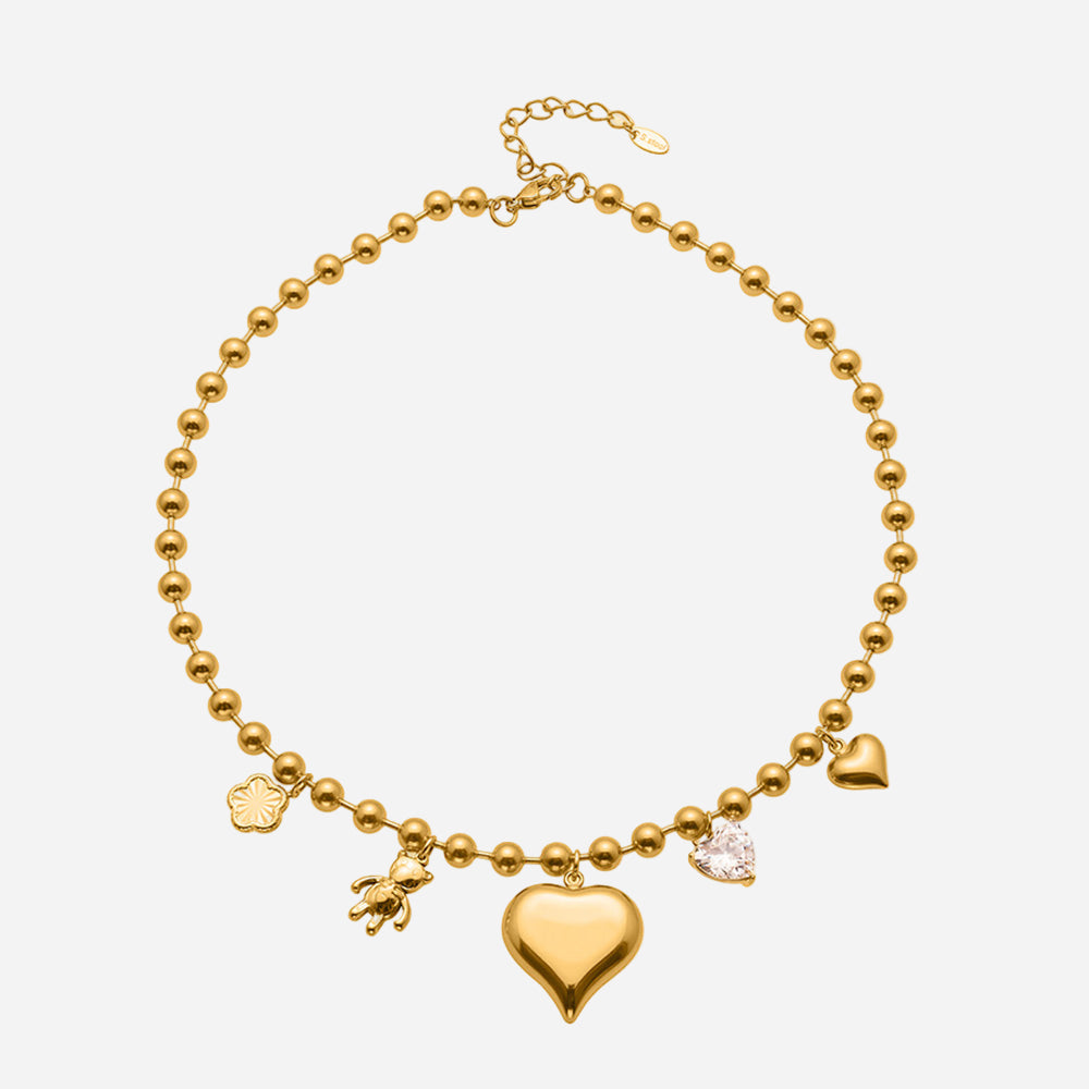 Gold heart charm necklace with beaded chain in waterproof stainless steel, minimalist blessing necklace for women