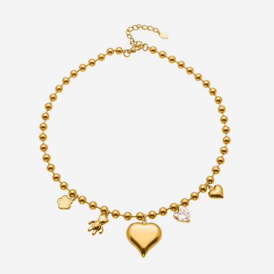Gold heart charm necklace with beaded chain in waterproof stainless steel, minimalist blessing necklace for women
