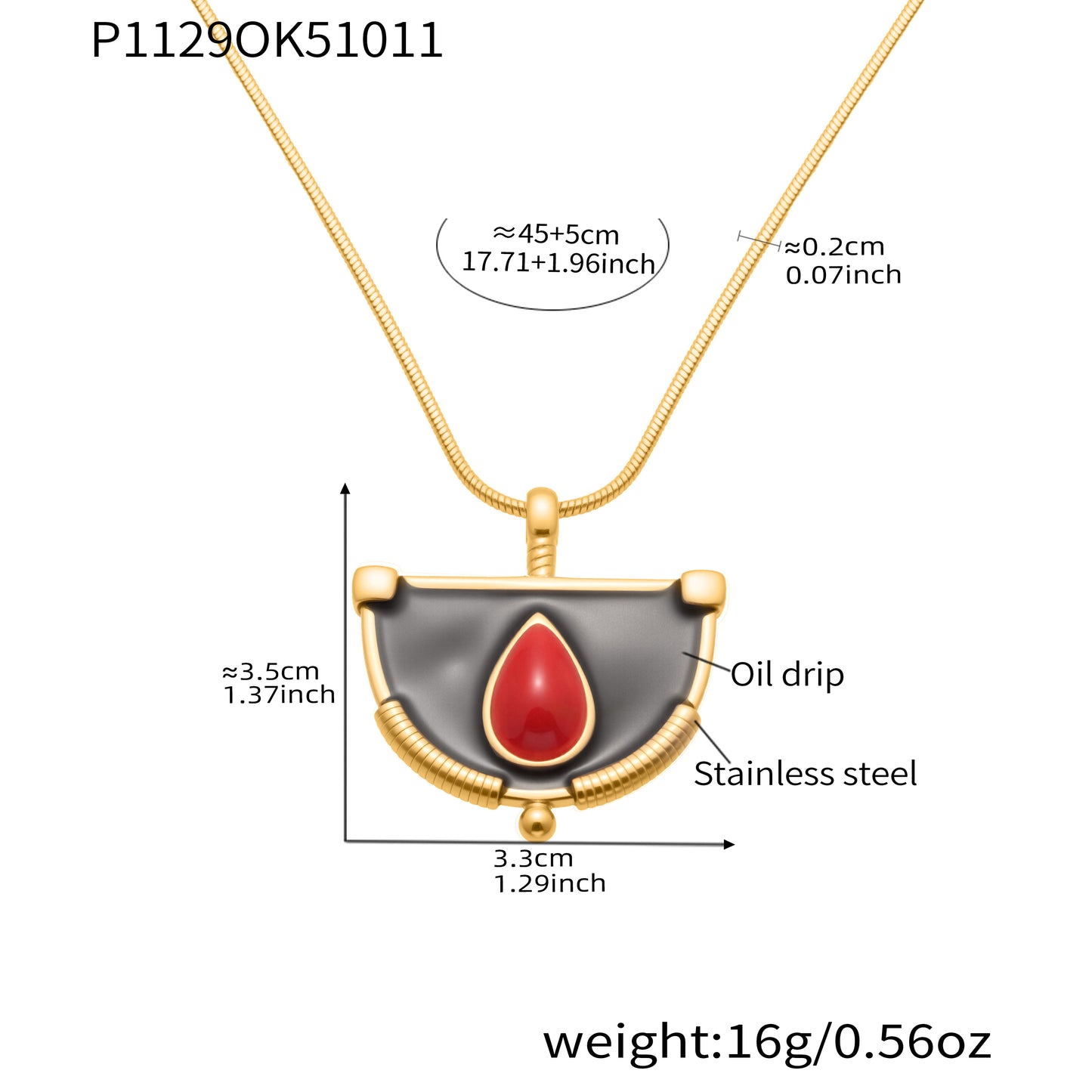 Gold Necklace with Black and Red Pendant