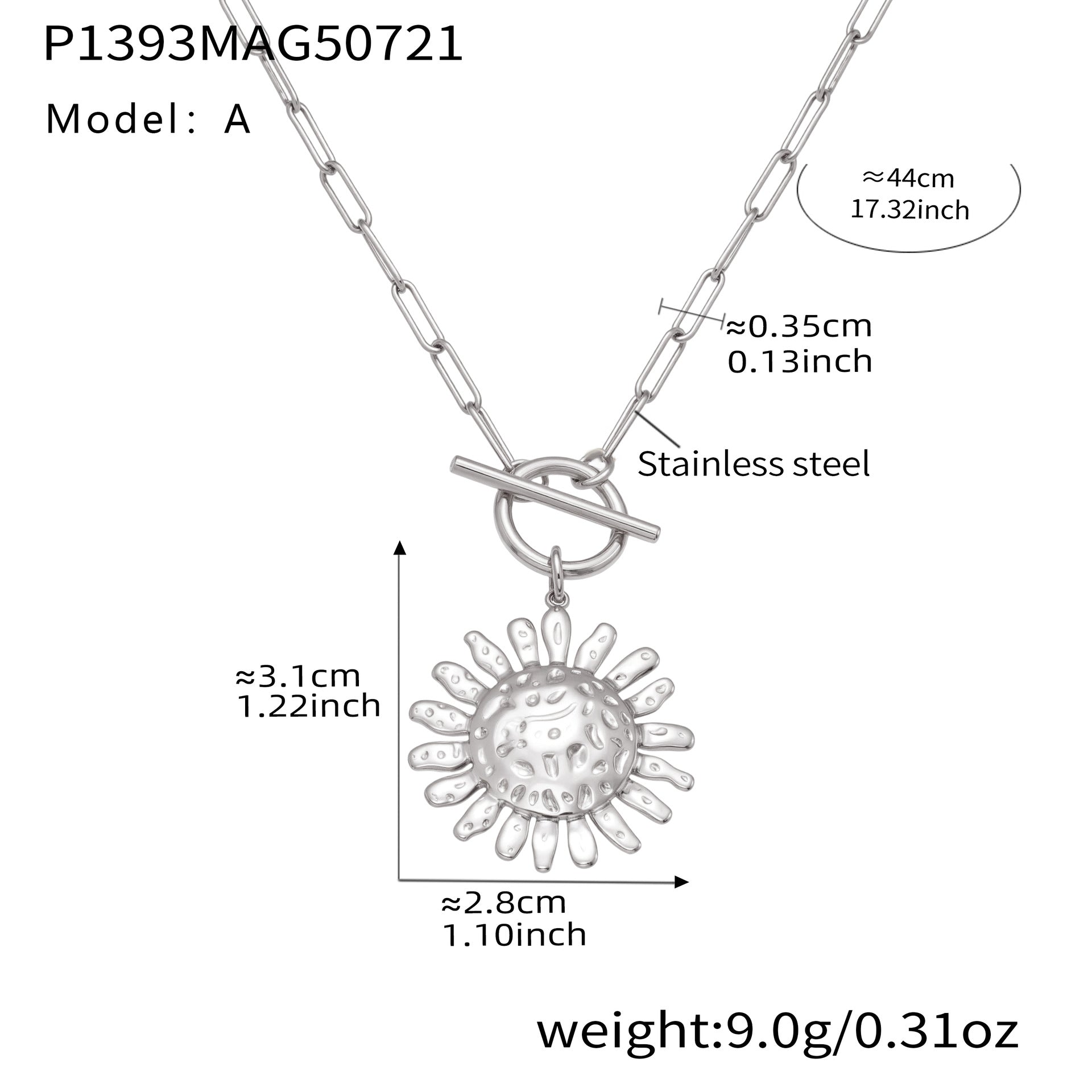 Measurement chart of a silver necklace with sunflower pendant on a white background