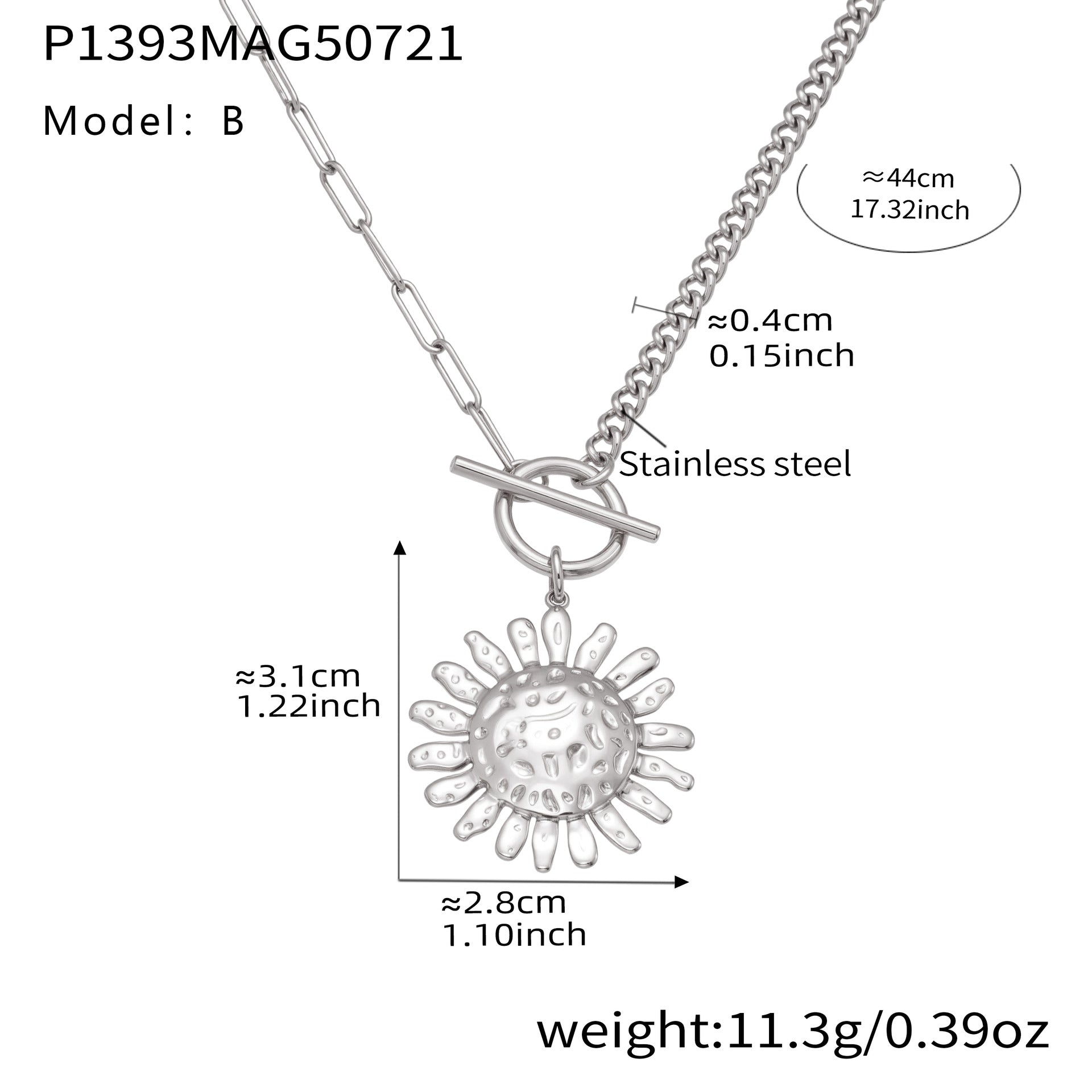 Measurement chart of a silver necklace with sunflower pendant on a white background