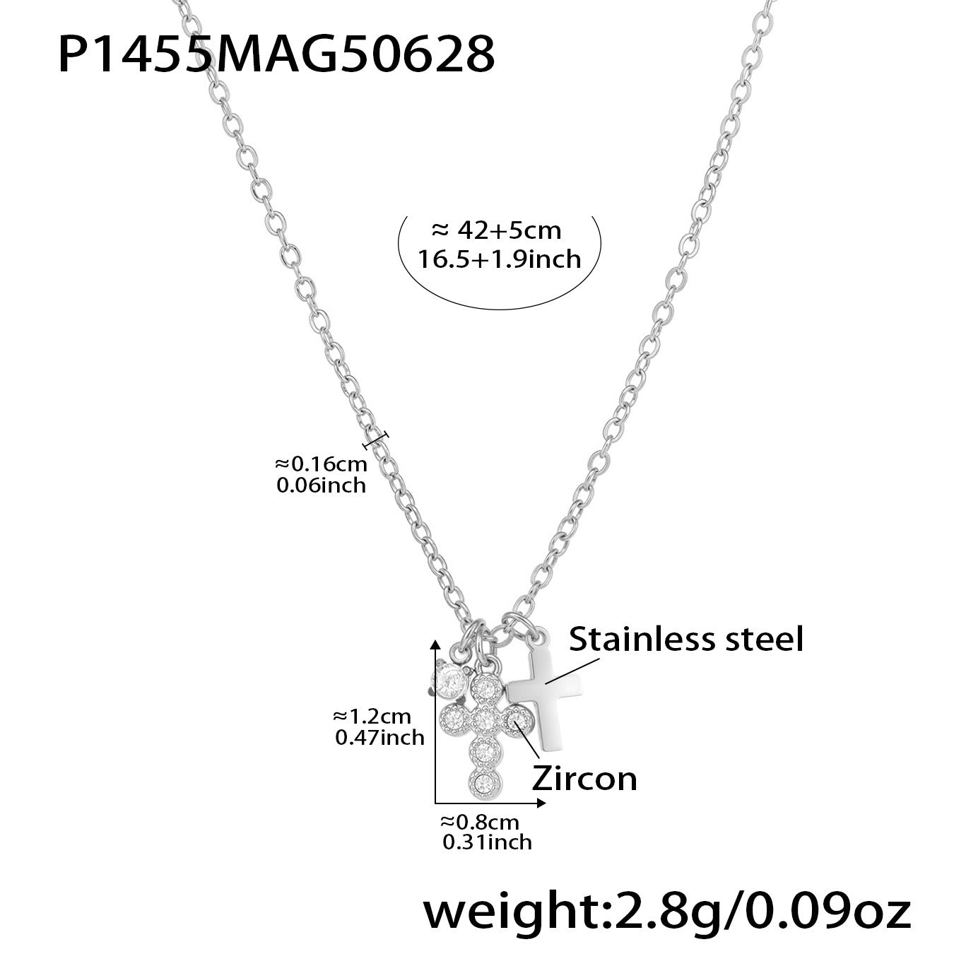 Size chart for Stainless Steel Cross Pendant Necklace - Steel Color 42+5cm
