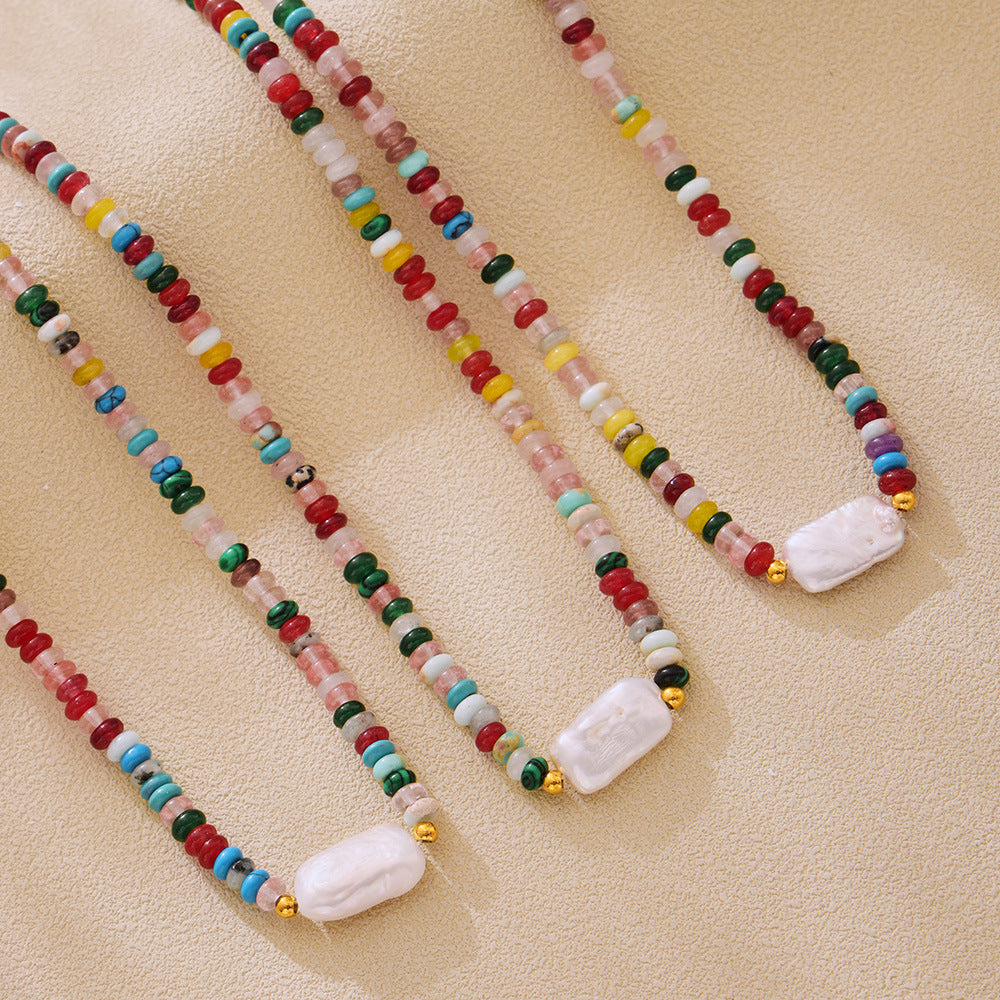 Boho Necklace with Baroque Pearl and Natural Stones Styled in Lifestyle Scene