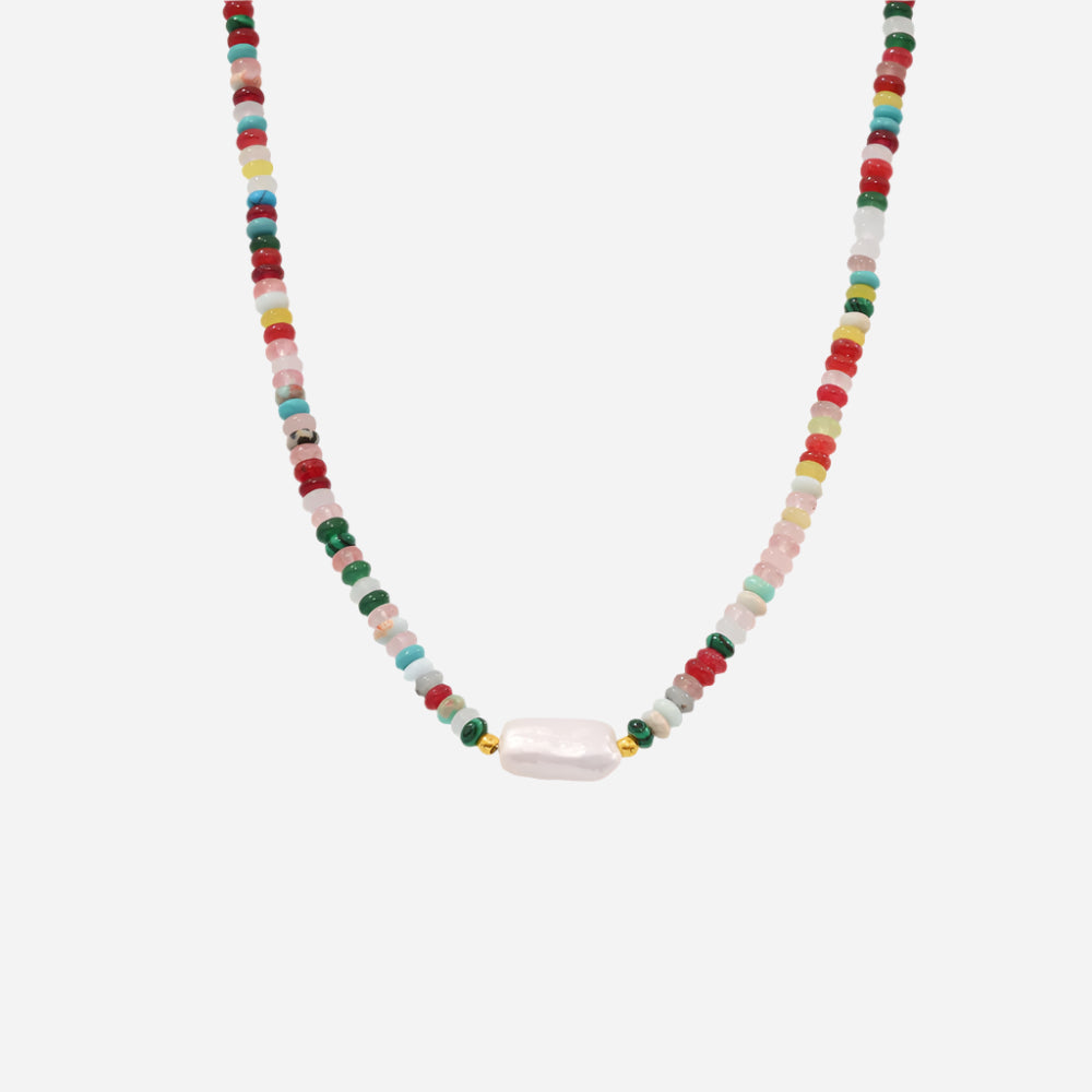 Boho Baroque Pearl Necklace with Colorful Natural Stones on White Background