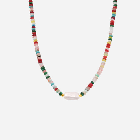 Boho Baroque Pearl Necklace with Colorful Natural Stones on White Background